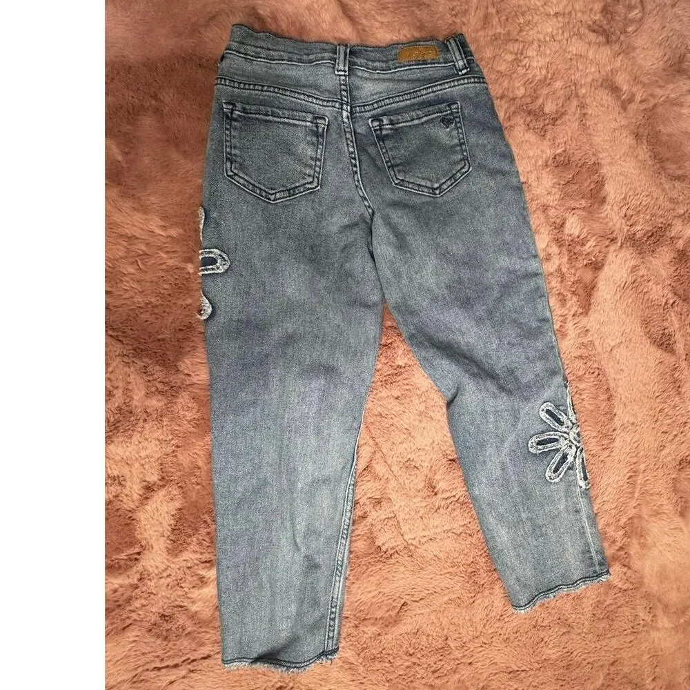 Justice Girls Jeans Size 12 Gray Wash Daisy Floral Patch Distressed